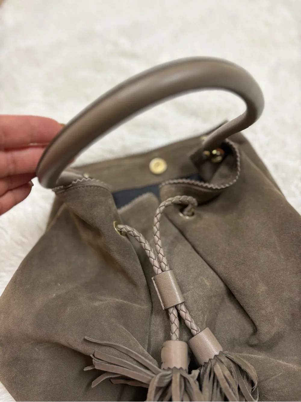 LK Bennett Taupe Suede Tassel Hobo Shoulder Bag